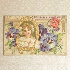 画像1: 女性とパンジー柄のポストカード (1)
