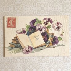 画像1: 書物とパンジー柄ポストカード (1)
