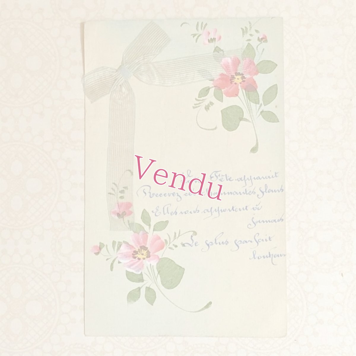 画像1: ピンクのお花とブルーのリボンのポストカード (1)