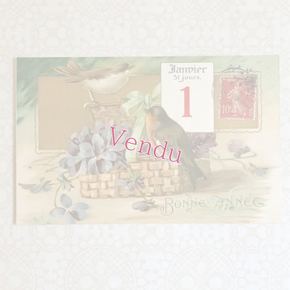 画像1: スミレの花かごと小鳥の柄のポストカード (1)