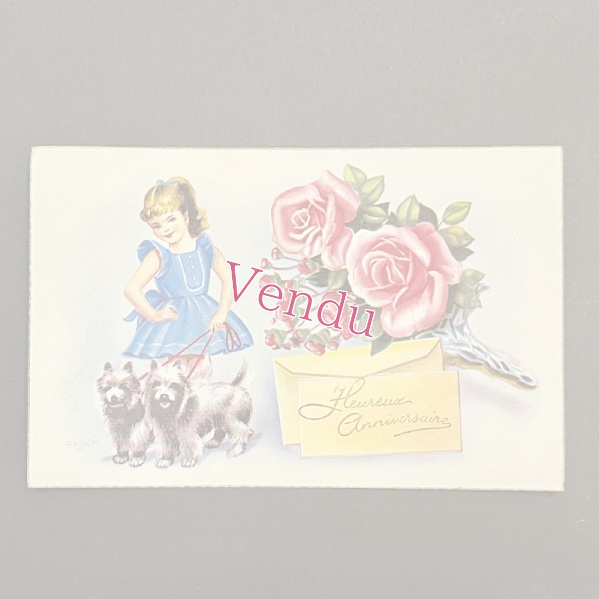 画像1: 少女と犬とバラの花束　ポストカード (1)