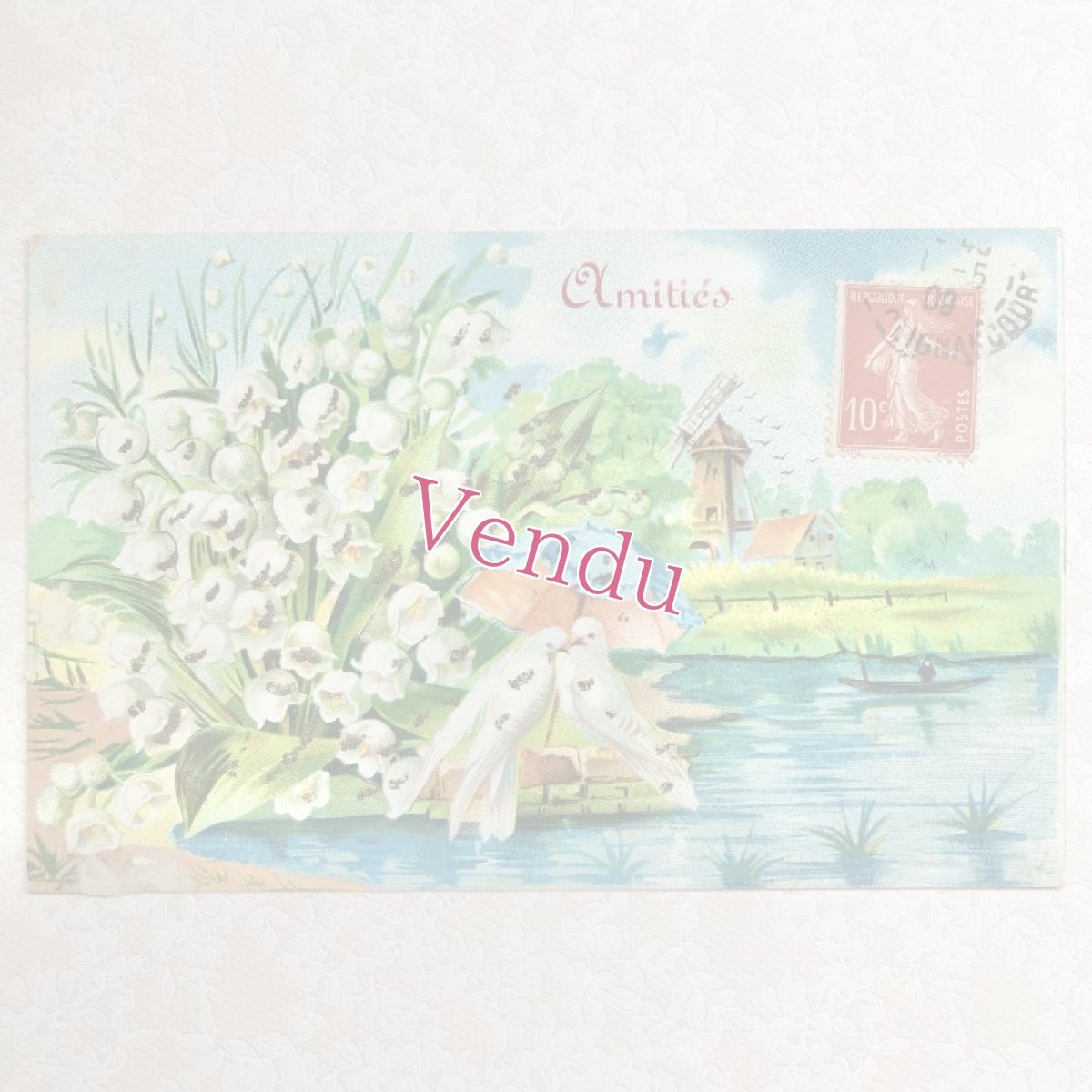 画像1: 水辺のスズランと鳩のラメ入りポストカード (1)