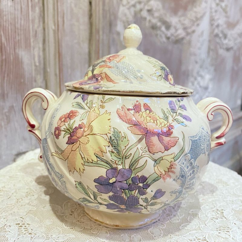 ♪フランスアンティーク サルグミンヌ 可憐な青い小花のシュガーポット