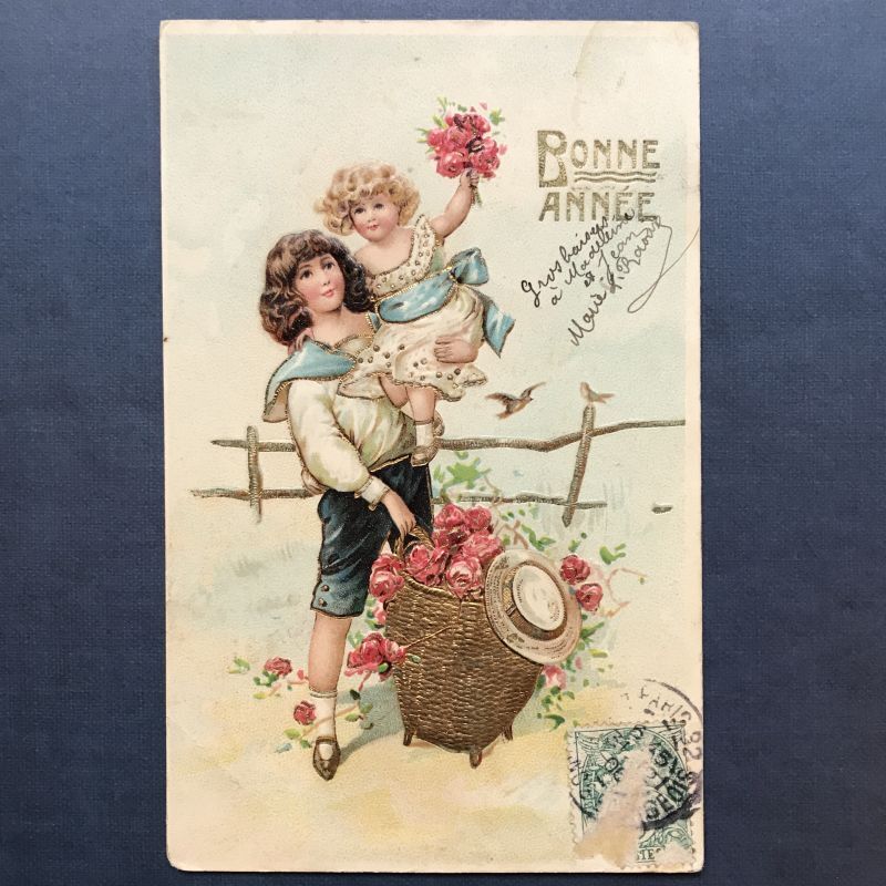 画像1: 花かごを持つ少年と小さな少女のポストカード (1)