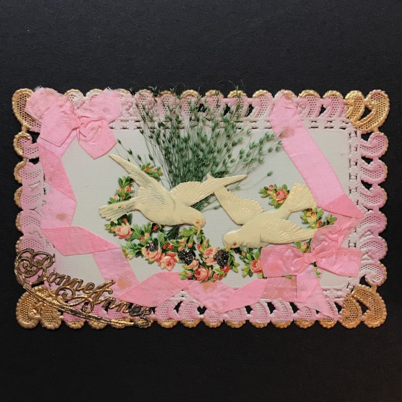画像1: 白いハトとピンクのリボン　カットワークポストカード (1)