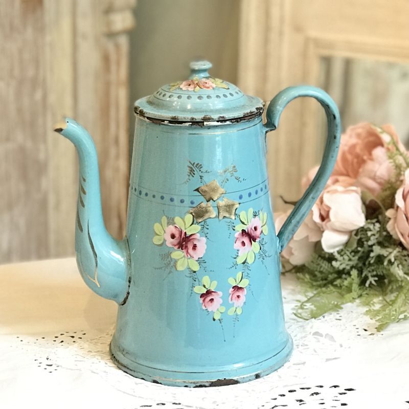 ターコイズブルー ピンクの薔薇のカフェティエール - Torico-lore